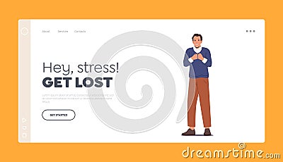 Depressed, Frustrated and Anxious Man Landing Page Template. Sad or Desperate Male Character with Unhappy Face Vector Illustration