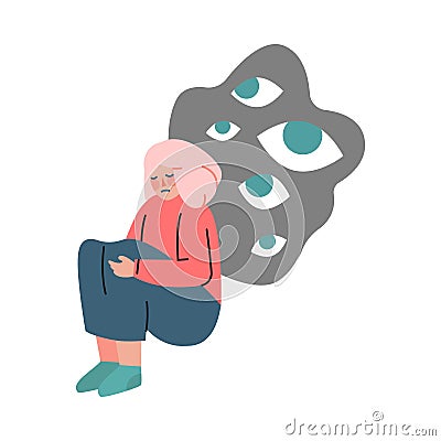 Depressed Frustrated Girl Sitting under Rainy Storm Cloud with Eyes, Mental Disorder, Illness Concept Cartoon Vector Vector Illustration