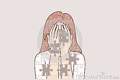 Depressed girl suffers from self-destruction and personality destruction, consists mosaic with void Vector Illustration