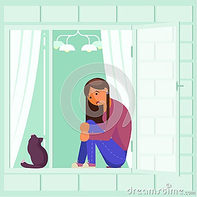 Depressed girl on window sill vector flat design Vector Illustration