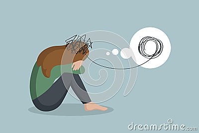 depressed lonely girl sitting alone and thinking about mental health Vector Illustration