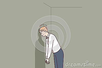 Depressed man in hopeless situation is banging head against wall trying to come up with solution Vector Illustration