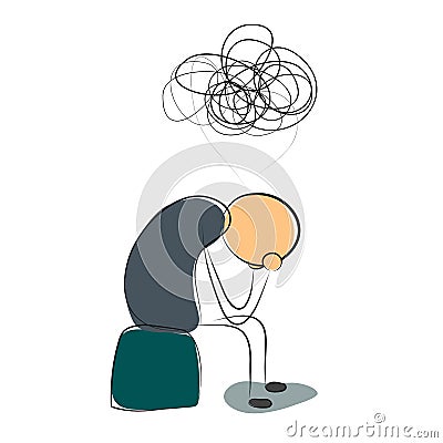 Depressed man with many thoughts Cartoon Illustration