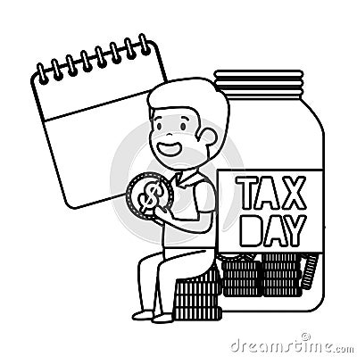 Depressed man for money with jar and calendar Vector Illustration