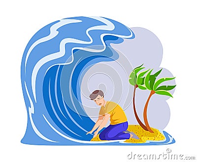 Depressed man sitting on island in front of tsunami wave Stock Photo