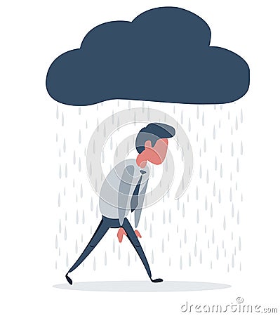 Depressed man walking with a cloud of rain over his head Vector Illustration