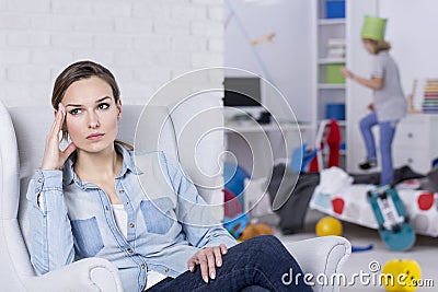 Depressed mother of ADHD boy Stock Photo