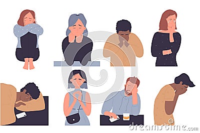 Depressed people, sad unhappy stressed characters crying Vector Illustration