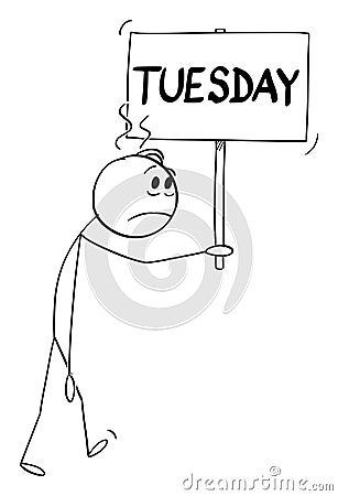 Depressed Person with Tuesday Sign, Vector Cartoon Stick Figure Illustration Vector Illustration