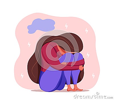 Depressed sad lonely woman in anxiety, sorrow vector cartoon illustration. Vector Illustration