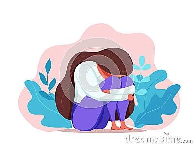 Depressed sad lonely woman in anxiety, sorrow vector cartoon illustration. Vector Illustration