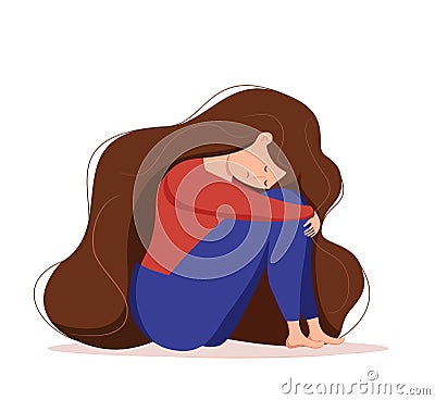 Depressed sad lonely woman in anxiety, sorrow vector cartoon illustration. Vector Illustration