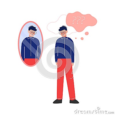 Depressed Teen Boy Looking at the Mirror, Teenage Puberty Problems Concept Vector Illustration Vector Illustration