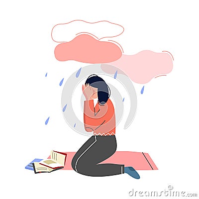 Depressed Teen Girl Sitting under Rain Cloud, Girl Having Learning Problems Vector Illustration Vector Illustration