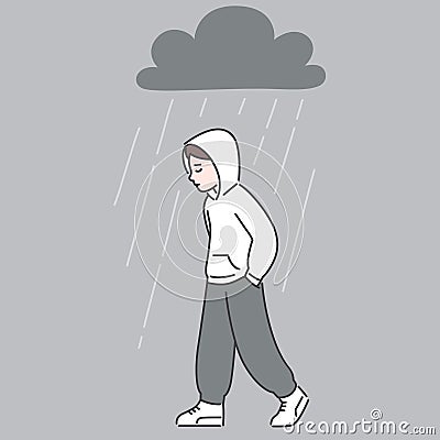 Depressed teenage boy walking under rain Vector Illustration