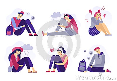 Depressed teenagers. Sadness student, unhappy stressed teen sad boy and crying girl. School stress isolated flat vector Vector Illustration
