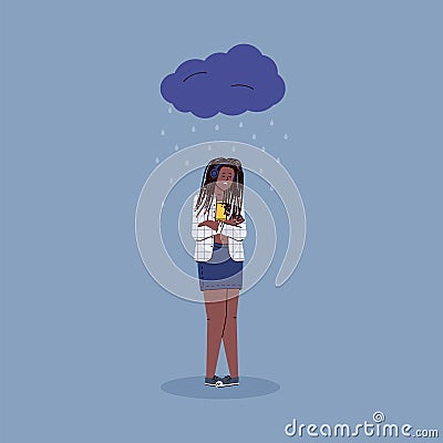 Depressed unhappy woman standing under rain clouds, flat vector illustration. Vector Illustration