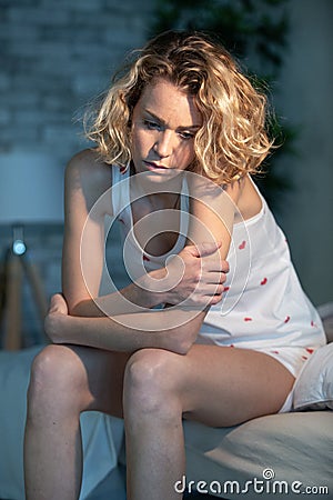 depressed woman awake in night Stock Photo