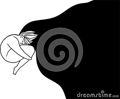 Depressed woman with flying hair is hugging her self. Young sad teenage girl with obesity hugging her knees and falling down into Vector Illustration