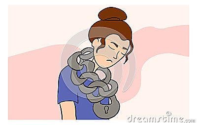 Depressed woman. Heavy chain, closed lock around neck. Vector flat illustration Vector Illustration