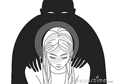 Depressed woman with lowered head and black silhouette of man standing behind and putting his hands on her shoulders Vector Illustration