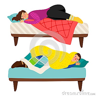 Depressed woman and man in bed - depression vector concept Vector Illustration