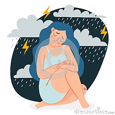 Depressed woman. Sad lonely girl sitting and hugging her knees under rain clouds and storm. Female in depression or anxiety vector Vector Illustration