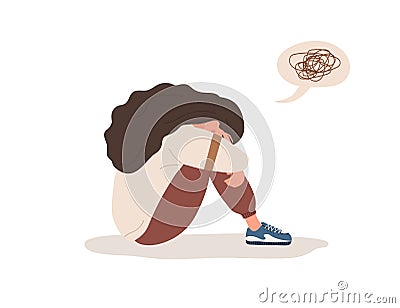 Depressed woman. Sad teenager sitting on floor and crying. Violence in family or mood disorder concept. Vector Vector Illustration