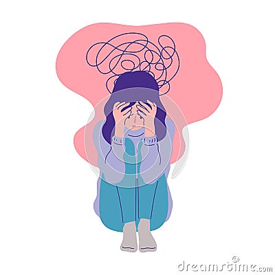 depressed woman sitting face palm pose flat linear illustration Vector Illustration