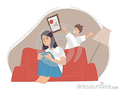 Depressed woman with sleepy eyes and happy son Vector Illustration