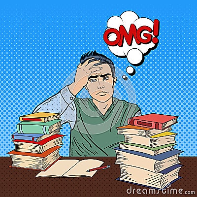 Depressed Young Student Sitting at the Table with Stack of Books. Pop Art Vector Illustration