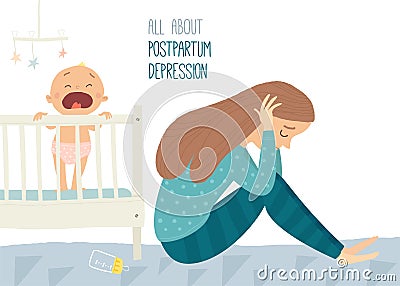 Depressed young woman with cute baby. Postpartum depression. Postnatal depression. Vector Illustration