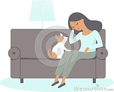 Depressed young woman with her supporting dog Vector Illustration