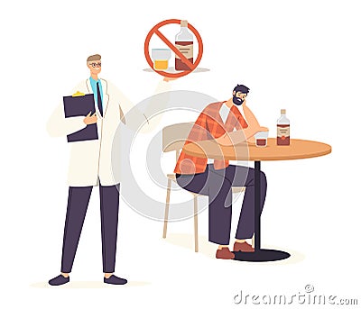Depression, Alcoholism Addiction Concept. Sad Male Character with Alcohol Bottle Sitting at Table with Unhappy Face Vector Illustration