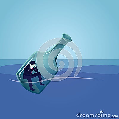 Depression or alcoholism concept. Businessman trapped in bottle floating in the sea Vector Illustration