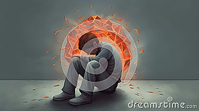 Depression, anxiety, and mental health concept. Sadness, fear, and intrusive thoughts. Feelings of loneliness and doubt. Therapy. Cartoon Illustration