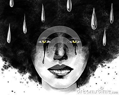 Depression anxiety and tears. art portrait of a crying woman with a lush hairstyle and tears in her eyes in the rain Stock Photo