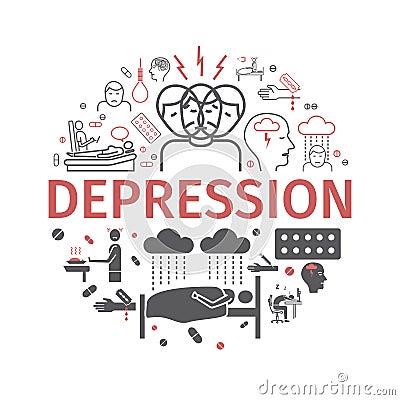 Depression banner. Infographic Symptoms, Treatment. Line icons set. Vector illustration Vector Illustration