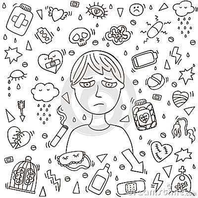 Depression boy doodle. Heartbreak and sad doodle boy. Vector Illustration