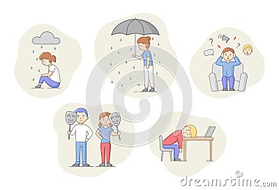 Depression Concept. Set Of Characters Suffering From Depression. Sad Men And Women Under The Rain. Overcast Weather Vector Illustration