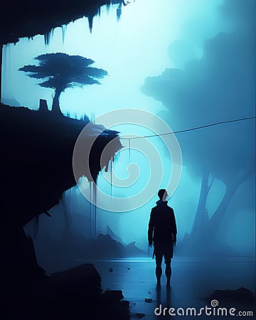 Depression concept, silhouette of alone person, generative ai Cartoon Illustration