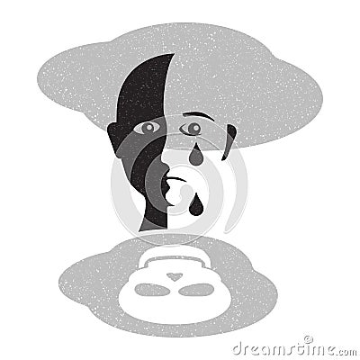 Depression - crying man with skull in puddle Vector Illustration