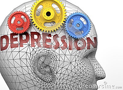 Depression and human mind - pictured as word Depression inside a head to symbolize relation between Depression and the human Cartoon Illustration