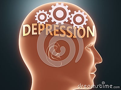 Depression inside human mind - pictured as word Depression inside a head with cogwheels to symbolize that Depression is what Cartoon Illustration