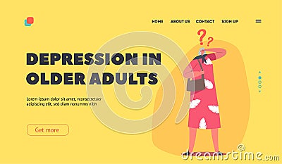 Depression in Older Adults Landing Page Template. Senility, Memory Loss Concept. Senior Mature Woman with Brain Disease Vector Illustration