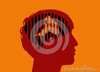 Depression, sad man crying sitting in a cage in the brain. Illustration of mental illness Stock Photo