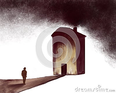 Depression and the search for mental health. Surreal illustration. Silhouette of a man on the road to a gloomy building Cartoon Illustration