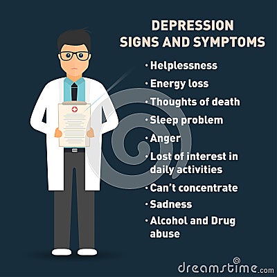 Depression signs and symptoms. Doctor with medical clipboard . Healthcare poster template Vector Illustration