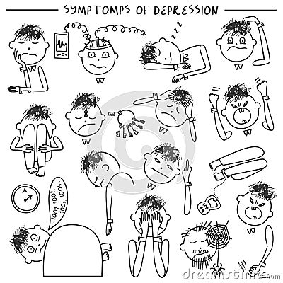 Depression signs and symptoms. Vector illustration of problems of mental health Vector Illustration