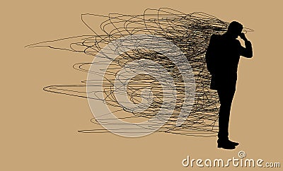 Depression, stress and anxiety follow a man like a cloud or a swam of mosquitoes and is represented with a tangle of lines Cartoon Illustration